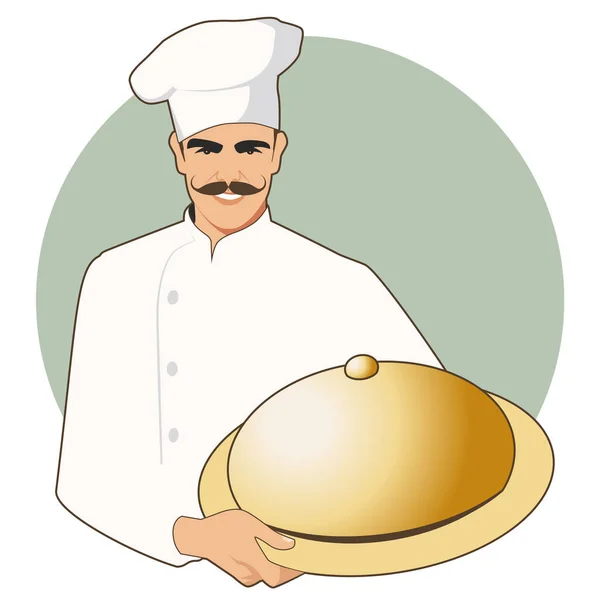 Moustached Chef Kok Met Een Hoed Van Keuken Een Overdekte — Stockvector