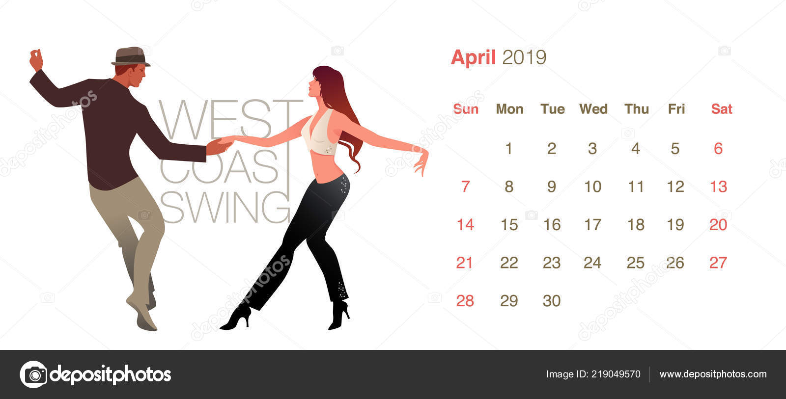 2019 Tanz Kalender April Junges Paar Tanzenden West Coast