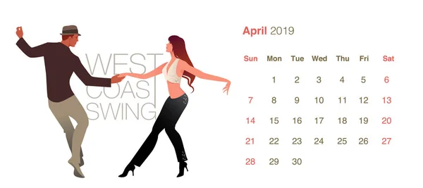 Calendário Dança 2019 Abril Casal Jovem Dançando West Coast Swing — Vetor de Stock