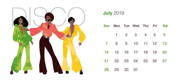 2019舞蹈日历 男人和两个女人穿着衣服在70S 跳舞迪斯科音乐在白色背景的风格 — 图库矢量图片