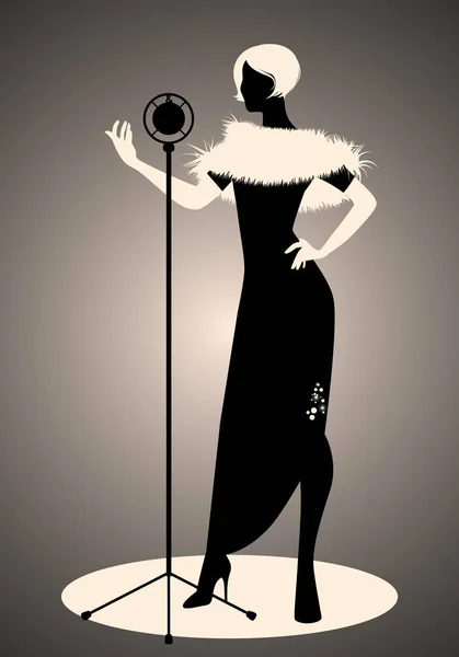 Silhouette Einer Frau Retro Kleidung Die Vor Einem Vintage Mikrofon — Stockvektor
