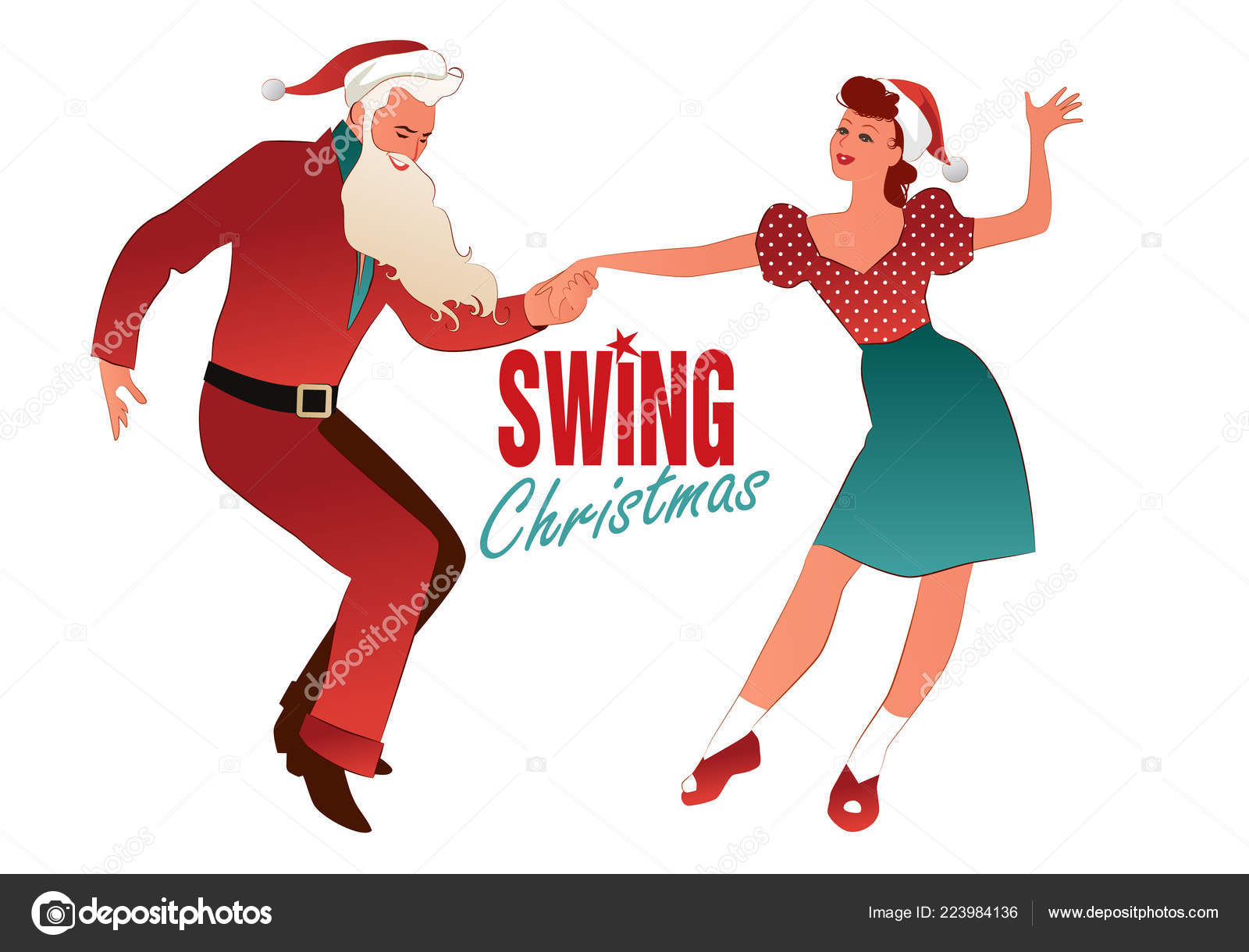圣诞情侣跳舞秋千摇滚或林迪跳打扮成圣诞老人的男人和穿着圣诞服装跳舞复古音乐的美丽女孩图库矢量图©LaInspiratriz 223984136, image size:1600x1220