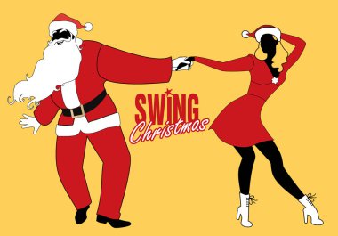 Noel Çift salıncak, rock ya da lindy hop dans. Noel Baba ve Noel kıyafetlerle retro müzik dans güzel kız giyinmiş adam.
