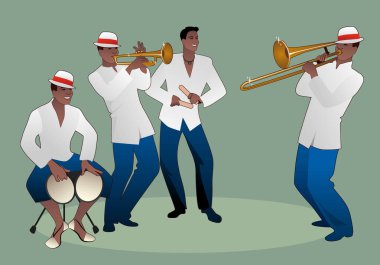 Latin band. Four Latin musicians playing bongos, trumpet, claves and trombone. clipart