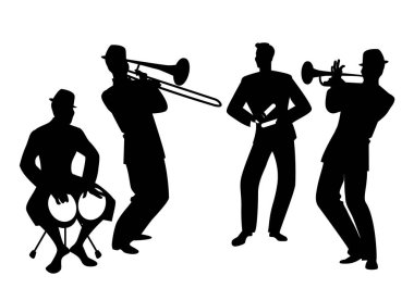 Siluetleri Latin grubu. Bongo, trompet, anahtar kelimeler ve trombon yürütme dört Latin müzisyen.