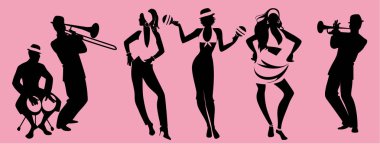 Salsa Party Time. Group of three girls dancing latin music and three musician playing bongos, trumpet and trombone.   clipart