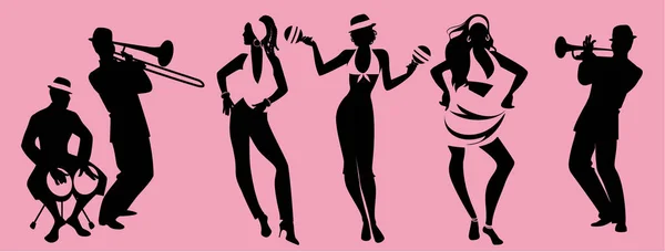 萨尔萨派对时间到了三个女孩跳舞拉丁音乐和三个音乐家演奏邦戈, 小号和长号组. — 图库矢量图片