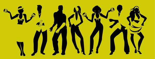 Hora da festa de salsa. Grupo de três homens e quatro mulheres dançando música latina. Duas raparigas a jogar maracas e um homem a jogar Claves. . — Vetor de Stock