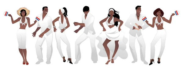 Salsa Party Time. Groupe de trois hommes et quatre femmes dansant de la musique latine. Deux filles jouant aux maracas et un homme jouant aux Claves. Groupe isolé sur fond blanc — Image vectorielle