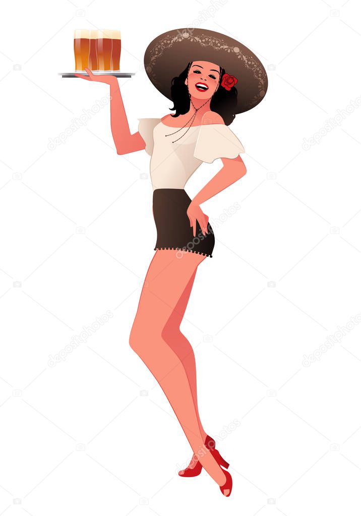 Beautiful Mexican girl with typical Mexican hat, carrying a tray of beers, isolated on white background. Retro Style