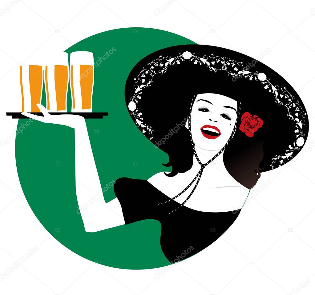 Beautiful Mexican girl with typical Mexican hat, carrying a tray of beers, isolated on white background. Retro Style