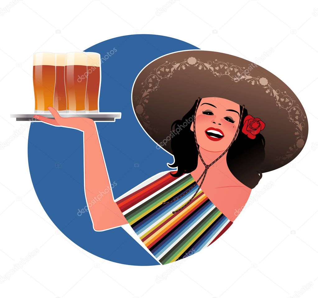 Beautiful Mexican girl with typical Mexican hat, carrying a tray of beers, isolated on white background. Retro Style