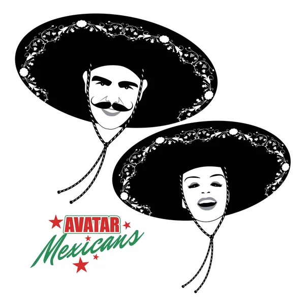 Avatars Man Mustache Pretty Woman Wearing Mexican Hat Retro Style — Stock Vector