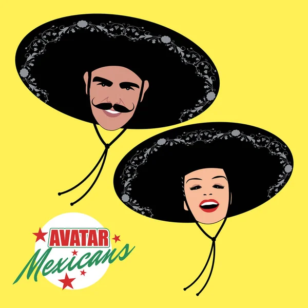 Avatares Homem Com Bigode Mulher Bonita Usando Chapéu Mexicano Estilo —  Vetores de Stock