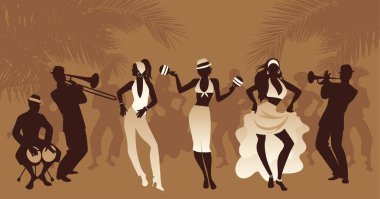 Salsa Party Time. Group of three girls dancing latin music and three musician playing bongos, trumpet and trombone. People and palm trees on the background clipart