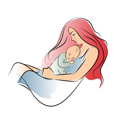 Anne oğlunun göğsüne sarılma uzun saçlı. Beyaz arka plan üzerinde izole çizilmiş defne el hizalamak için kroki.