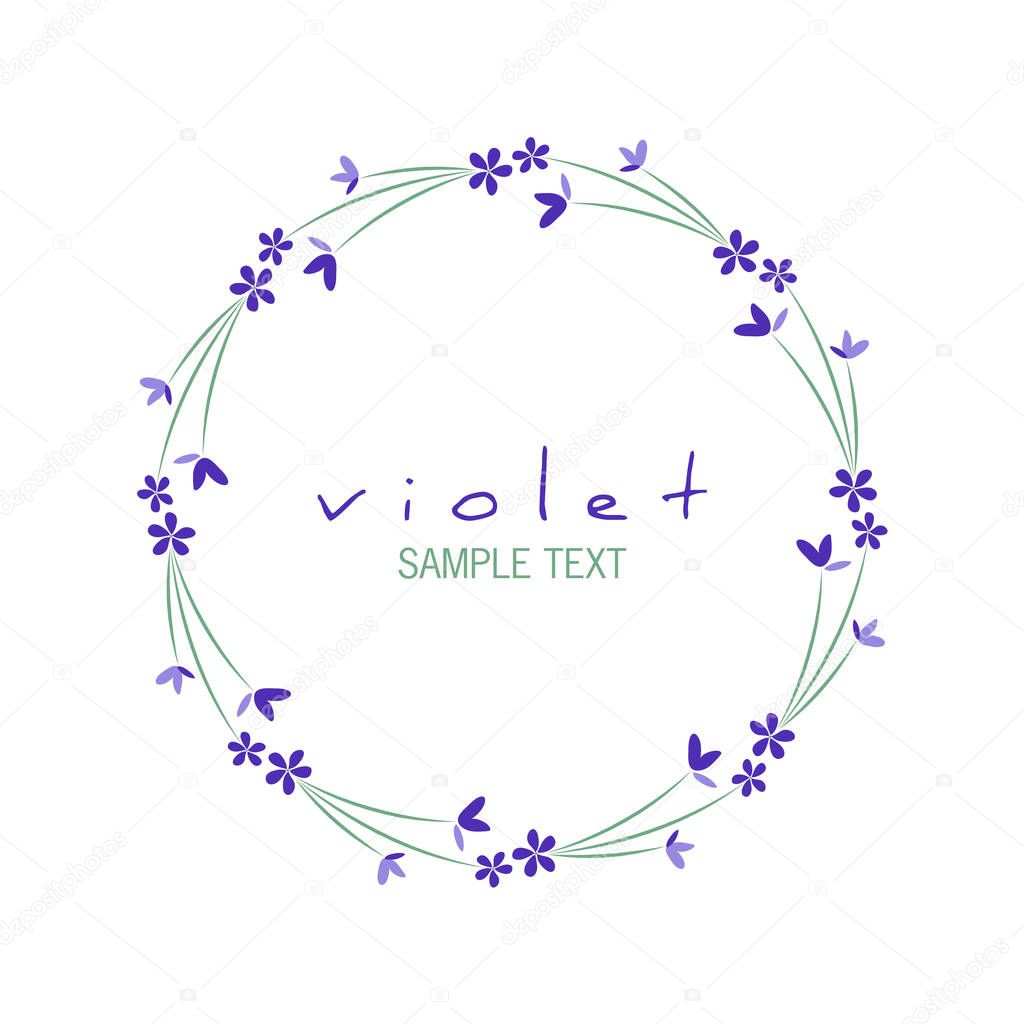 Round frame of wild violets isolated on white background
