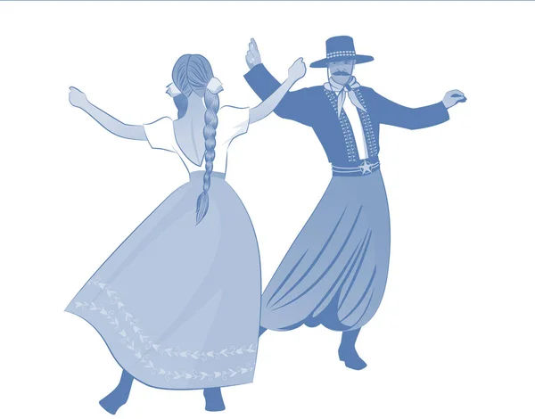 髭と帽子と南アメリカ 白い背景で隔離の典型的なダンスを踊るひもと女性ガウチョ — ストックベクタ