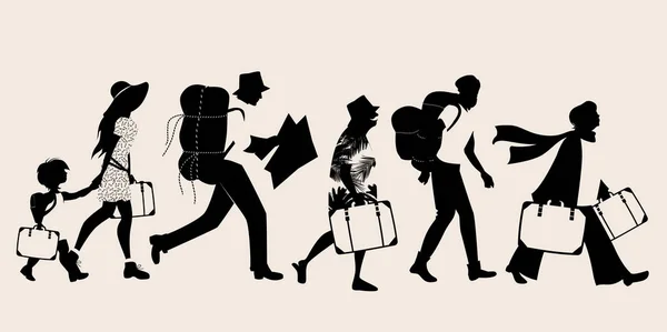 Siluetas de turistas caminando llevando maletas y mochilas — Vector de stock