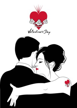 Sevgililer günü. Çift dans romantik müzik. Kız kalp dövme adamla omzunda kucakladı.