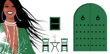 Woman with long brown hair and large earrings, on background of typical Spanish Mediterranean style village. Green door and window, chairs and small table with vase on white walls. clipart
