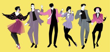 Dans eden new wave müzik 80s tarzında giysiler giyiyor gençler 