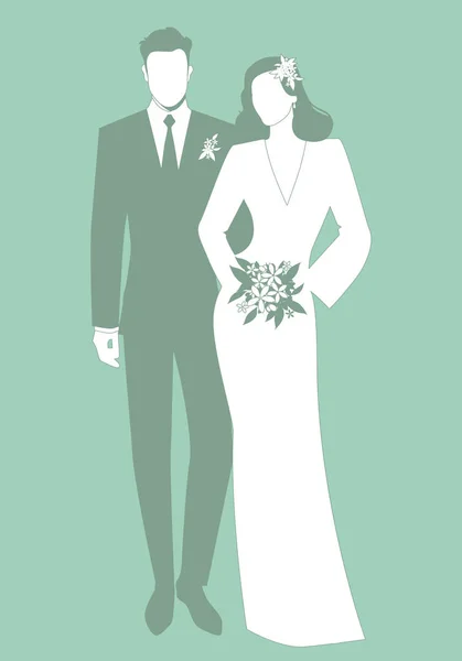 Siluetleri Yeni Evli Çiftin Düğün Elbise Giyiyor Klasik Tarzı Zarif — Stok Vektör