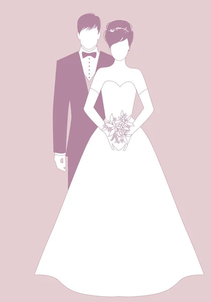 Silhouettes Newlyweds Couple Wearing Wedding Clothes Classic Style Elegant Groom — Stock Vector