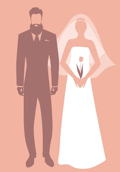 Silhuetas Recém Casados Casal Vestindo Roupas Casamento Elegante Noivo Barbudo — Vetor de Stock