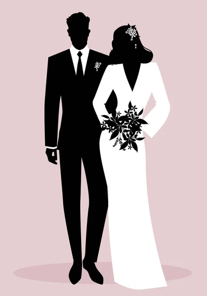 Силуэты Молодоженов Свадебной Одежде Классический Стиль Элегантный Жених Красивая Невеста — стоковый вектор