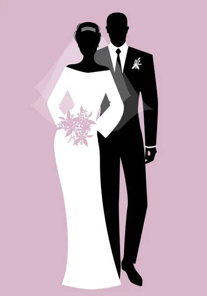 Silhouettes Jeunes Mariés Couple Portant Des Vêtements Mariage Style Classique — Image vectorielle
