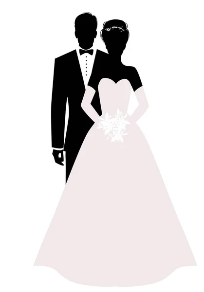 Силуэты Молодоженов Свадебной Одежде Классический Стиль Элегантный Жених Красивая Невеста — стоковый вектор