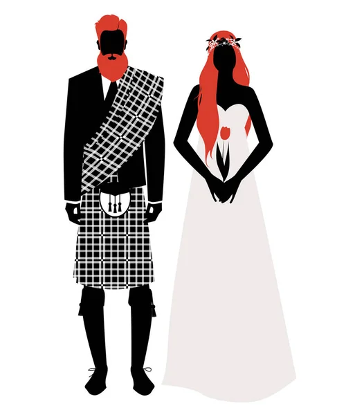 Silhouetten Von Brautpaaren Die Hochzeitskleidung Schottischen Stil Tragen Stilvoller Bärtiger — Stockvektor