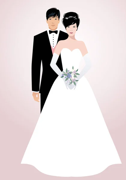 Young Oriental Couple Newlyweds Wearing Wedding Clothes Elegant Groom Suit — Stock Vector