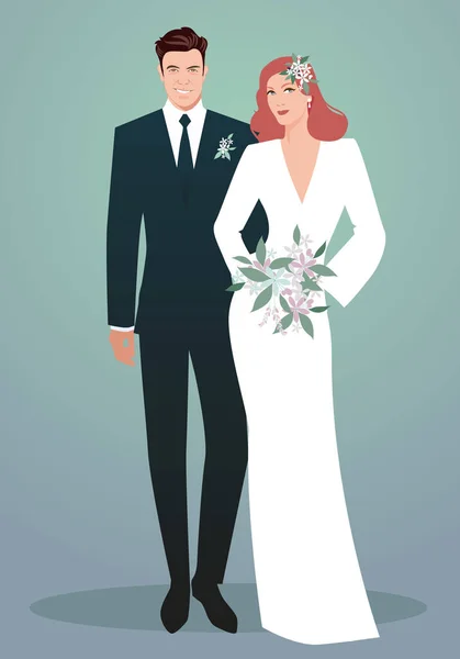 Düğün Giysileri Giyen Yeni Evli Genç Çift Retro Tarzı Zarif — Stok Vektör