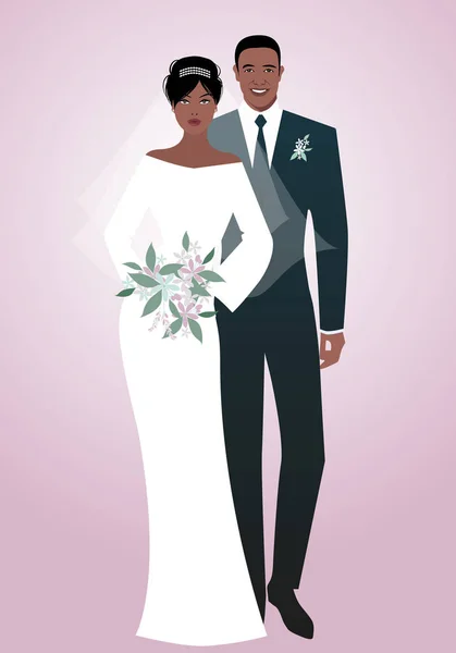 Düğün Giysileri Giyen Yeni Evli Genç Afro Birkaç Zarif Damat — Stok Vektör