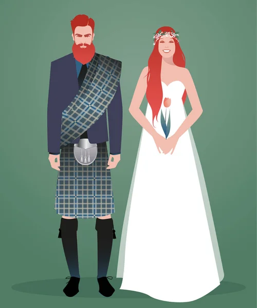 Молодая Пара Молодоженов Свадебной Одежде Шотландский Стиль Стильные Бородатый Рыжий — стоковый вектор
