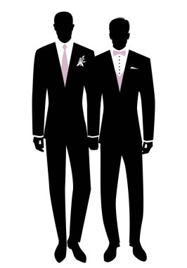 Eşcinsel düğünü. Eşcinsel damat çift yeni evliler siluet. İki adam giyen damat, kravat, papyon ve yaka üzerinde çiçekler için uygun. LGBTQ hakları