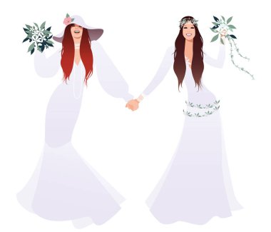 Eşcinsel düğünü. Yeni evli lezbiyen gelinler birkaç. Güzel kadınlar hippi ya da boho chic tarzı gelinlik önlük giyiyor. LGBTQ hakları.