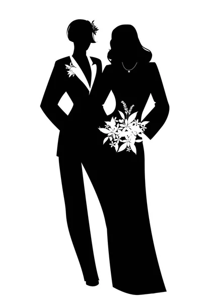 Queer Γάμου Ζευγάρι Νιόπαντρο Λεσβίες Νύφες Σιλουέτες Δύο Γυναίκες Φορώντας — Διανυσματικό Αρχείο