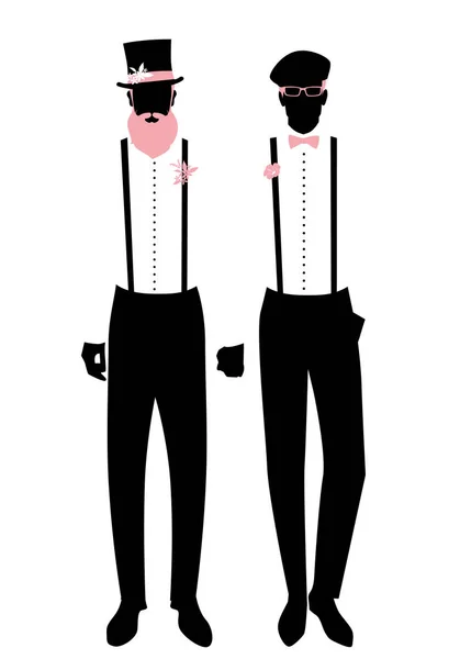 Queer Bruiloft Gay Bruidegom Paar Jonggehuwden Silhouetten Elegante Paar Mannen — Stockvector