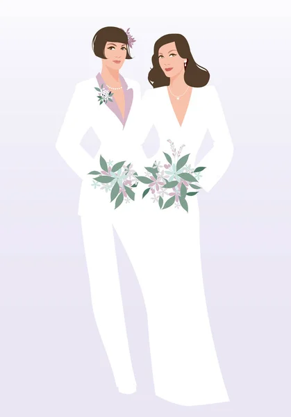 Casamento Gay Par Noivas Lésbicas Recém Casadas Mulheres Bonitas Vestindo — Vetor de Stock