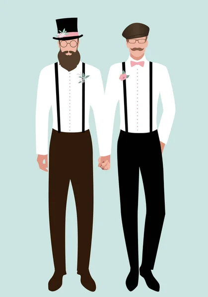 Queer Wedding Gay Groom Couple Newlyweds Elegant Couple Men Hipsters — Stock Vector