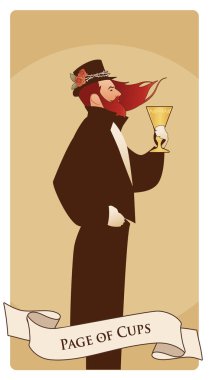 Sayfa ya da fincanlar, silindir şapkalı, güllü ve dikenli, elinde altın bir kupa olan. Minor Arcana Tarot kartları. İspanyolca oyun kartları. 