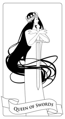 Kılıç Kraliçe ile maça taç, uzun saçlarından çevrili bir kılıç tutan özetliyor. Minor arcana Tarot kartları. İspanyol oyun boyama kağıtları.