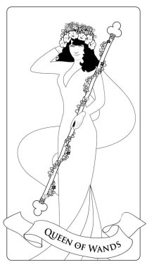 Wands Kraliçe ile çiçek taç, yaprak ve çiçek çelenk tarafından çevrili bir çubuk holding ana hatlarıyla açıklanmıştır. Minor arcana Tarot kartları. İspanyol oyun boyama kağıtları.