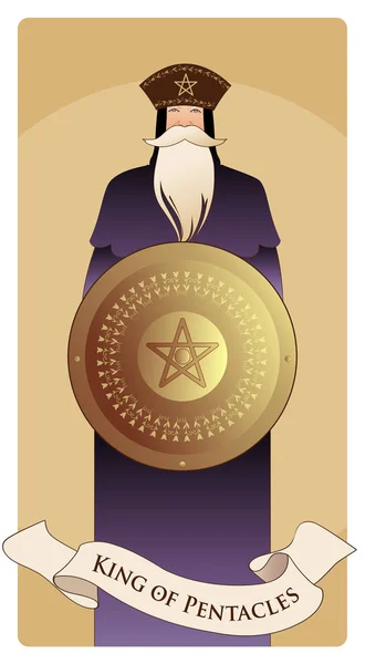 Pentagramy Král Korunou Dlouhým Vousem Drží Zlatý Štít Symbolem Pentagrama — Stockový vektor