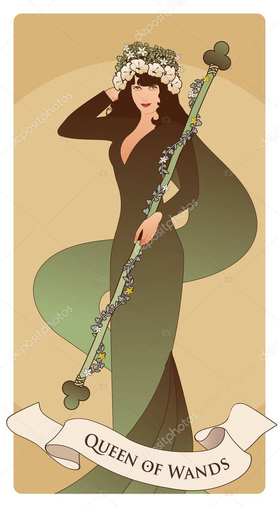 Queen of Wands with flowers crown, holding a rod surrounded by a garland of leaves and flowers. Minor arcana Tarot cards. Spanish playing cards.