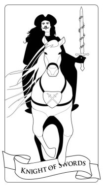 Şövalye bıyık ve kırmızı yaprakları tarafından çevrili bir kılıç tutan şapka ile eski stil uzun manes ve ön çapraz kılıç kalkan ile zarif bir at binme giymiş. Özetliyor. İspanyol oyun boyama kağıtları.