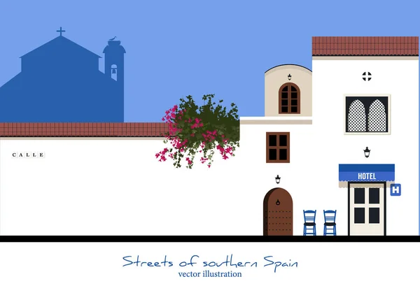 Calle típica del sur de España. Hotel y sillas. Estilo marroquí. Iglesia en el fondo — Vector de stock